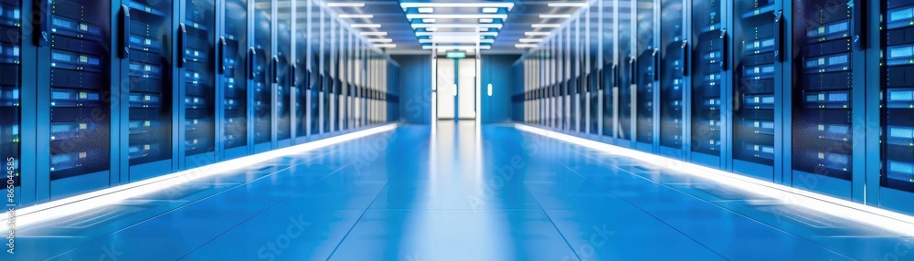Obraz premium Modern data center hallway with server racks, blue lighting, and high-tech infrastructure for cloud computing and data storage.