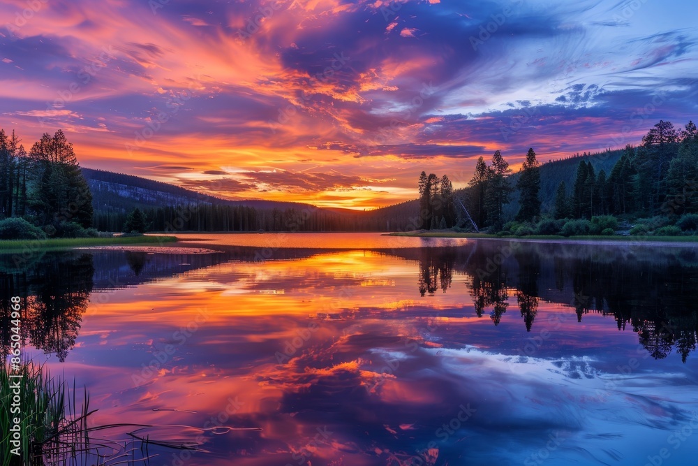 A sunset casting vibrant colors over a lake with mountains in the background, A tranquil lake reflecting the colors of a vibrant sunset A sunset casting vibrant colors over a lake with mountains in the background, A tranquil lake reflecting the colors of a vibrant sunset