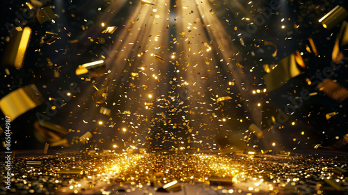 Golden confetti shower cascading onto a festive stage, illuminated by a central light beam, mockup background for events like award ceremonies, jubilees, New Year's parties, or product presentations