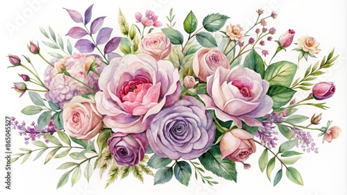 Delicate watercolor floral arrangement featuring soft pink and purple roses with lush greenery and blossoms on white background.