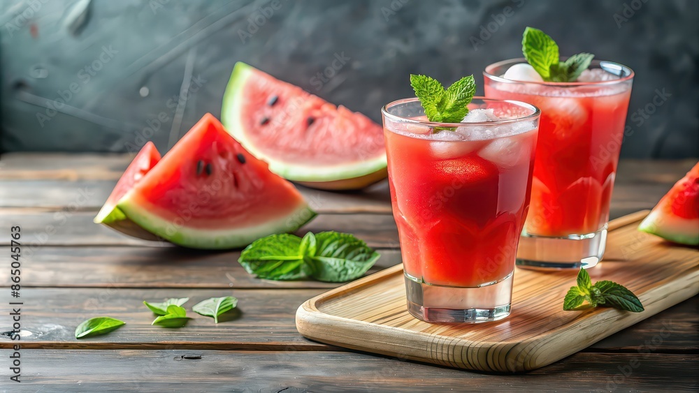 Fresh watermelon juice with ice in a glass, slices of watermelon on the table, refreshing, summer, beverage, healthy Fresh watermelon juice with ice in a glass, slices of watermelon on the table, refreshing, summer, beverage, healthy