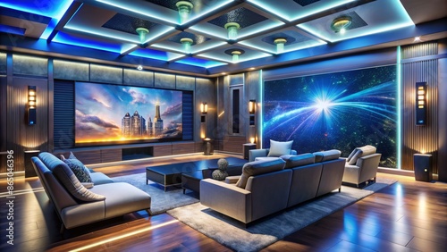 Modern luxury entertainment room with futuristic AI-driven multimedia system, 3D audio, and massive video projections for immersive cinematic delight.