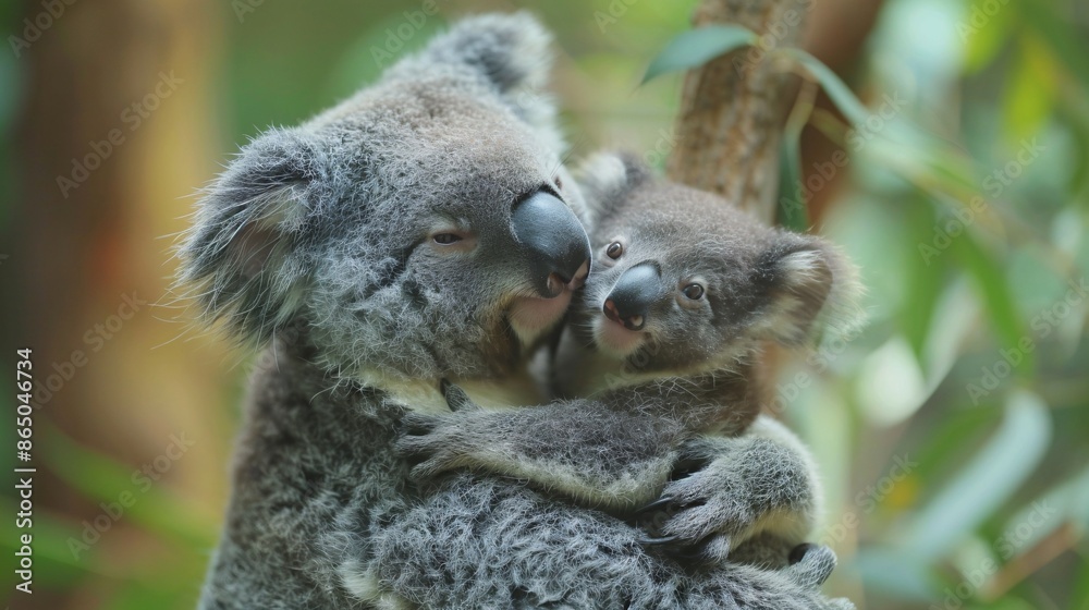Mother koala with baby on a tree.
