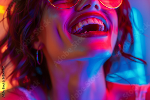 woman laughing , in the style of photo-realistic compositions, neon pop, close up, warmcore, emotive faces, photo-realistic hyperbole, in the style of magenta, contemporary candy-coated, high gloss, v