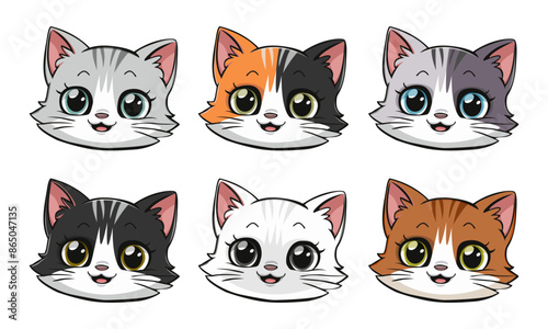 Cat face head icon icon set.  Different colors. Cute kitten. Children's funny character. Sticker printing.  Flat design. Isolated on white background. Vector
