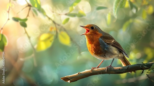 A robin perched on a branch singing in the sunshine. © Nijat