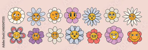 Vector groovy daisy flower face set. Funky flowers characters in different emotions. Cute colorful bloom chamomile in trendy retro style. Hippie floral sticker pack, trippy plants with eyes and petals