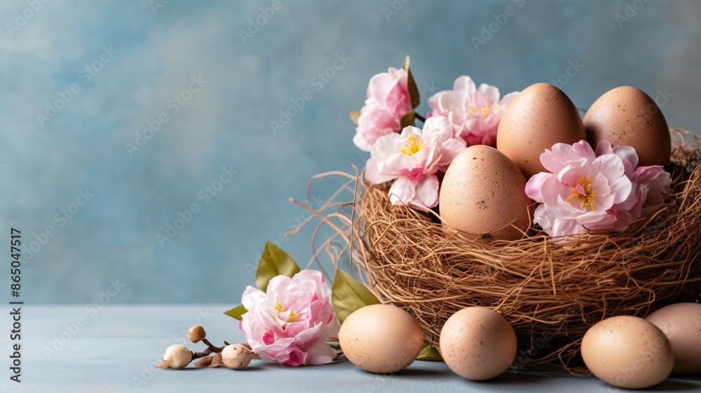 a nest with eggs and flowers
