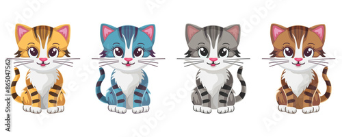 Set of icons with image of kittens.  Different colors. Cute kitten. Children's funny character. Print stickers.  Flat design. Isolated on white background. Vector