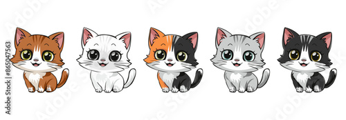 Set of icons with image of kittens.  Different colors. Cute kitten. Children's funny character. Print stickers.  Flat design. Isolated on white background. Vector