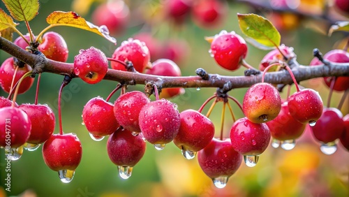 Branch of crabapples covered in water droplets, crabapples, branch, water droplets, nature, close-up, wet, fresh photo