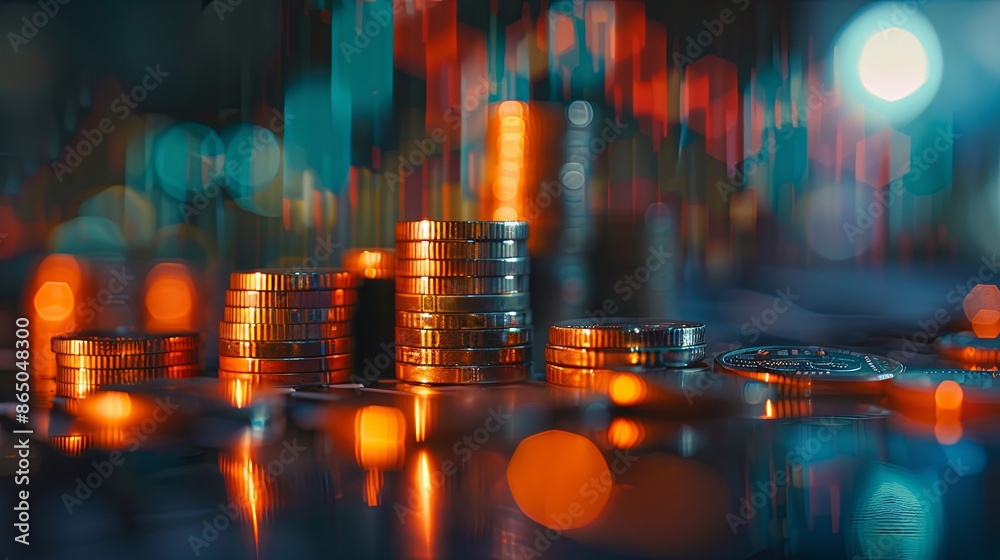 Double exposure of graph and rows of coins for finance and business concept, Financial investment concept, Forex trading candlestick chart economic, ECN Digital economy, business and money, Marketing. Double exposure of graph and rows of coins for finance and business concept, Financial investment concept, Forex trading candlestick chart economic, ECN Digital economy, business and money, Marketing.