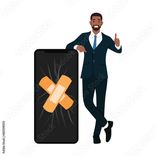 Young repairman leaning on a broken mobile phone with bandage and thumb up. Flat vector illustration isolated on white background