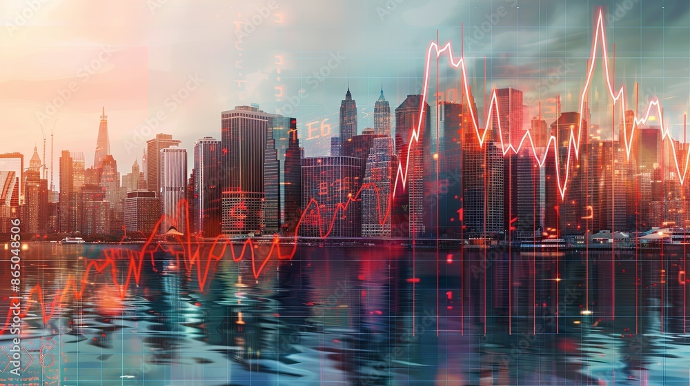 Economic crisis concept shown by declining graphs and digital indicators overlap modernistic city background. Double exposure. Economic crisis concept shown by declining graphs and digital indicators overlap modernistic city background. Double exposure.