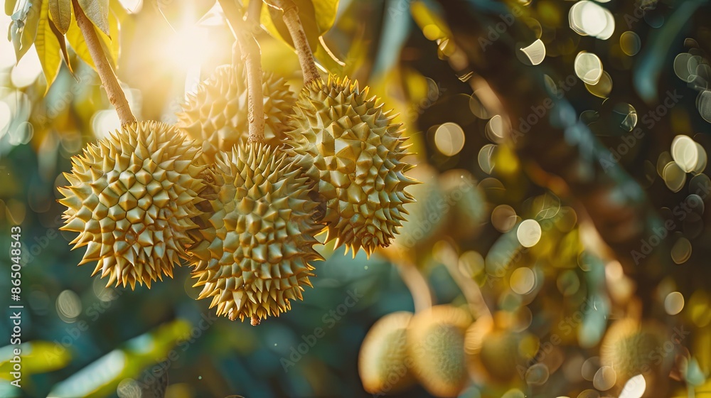 Fresh musang king durian on tree in orchard, tropical fruit Fresh musang king durian on tree in orchard, tropical fruit