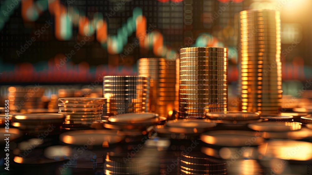 Graph stock market. Pile of Coins on stacks. investment and saving concept Graph stock market. Pile of Coins on stacks. investment and saving concept
