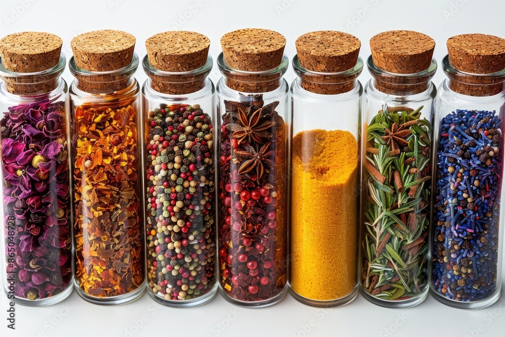 Array of Colorful Spices in Glass Jars on White Background with Cork Lids Aromatic Seasonings
Array of Colorful Spices in Glass Jars on White Background with Cork Lids Aromatic Seasonings