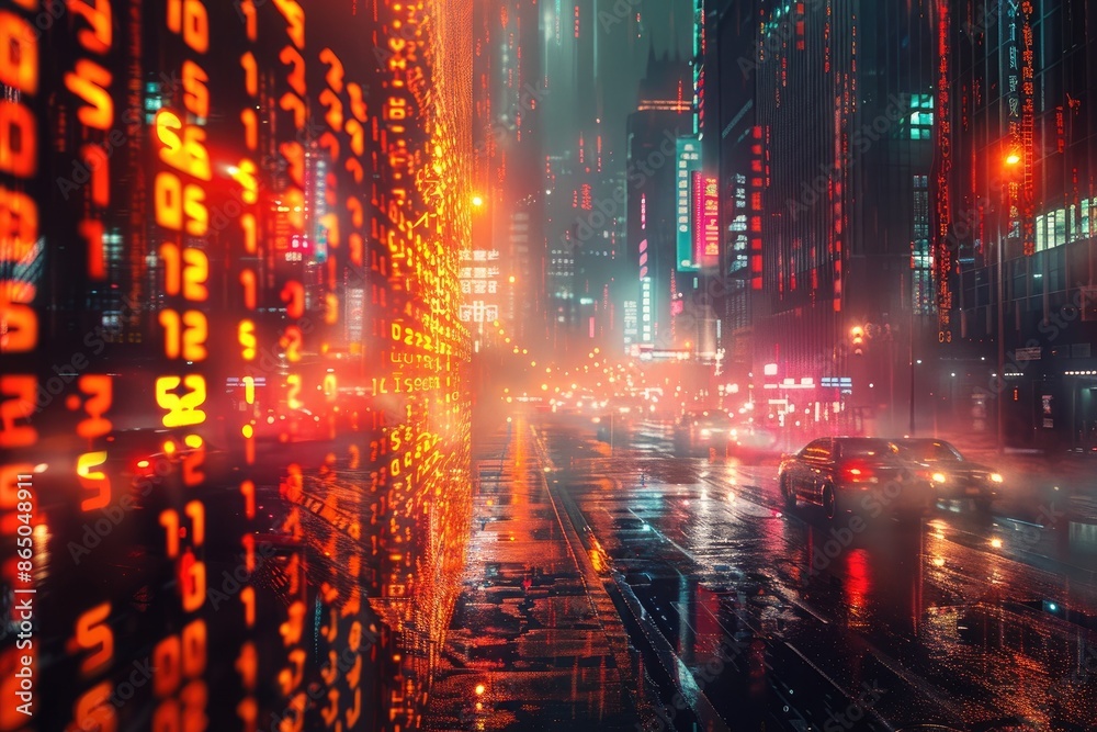 Futuristic digital cityscape, red binary code, cyber concept, abstract ...