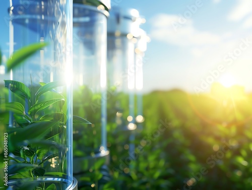 Green plants growing in modern glass tubes with sunlight in agricultural field symbolizing biotechnology and sustainable farming. © AArt