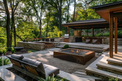 Patio featuring a fire pit surrounded by trees in a sunken outdoor lounge area, A tranquil retreat with a sunken outdoor lounge area, firepit, and outdoor kitchen for entertaining guests