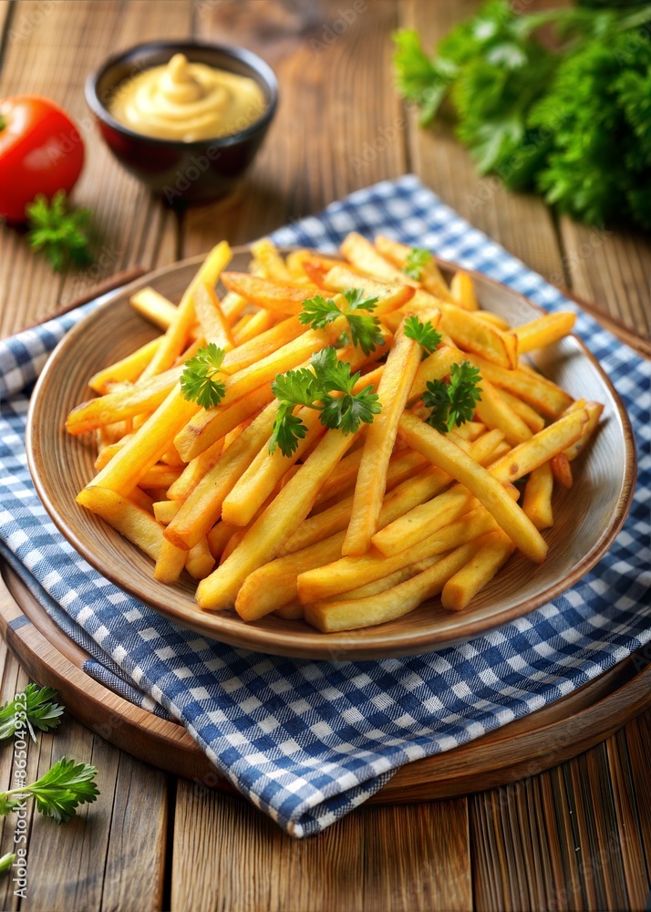 French fries served with ketchup and herbs French fries served with ketchup and herbs