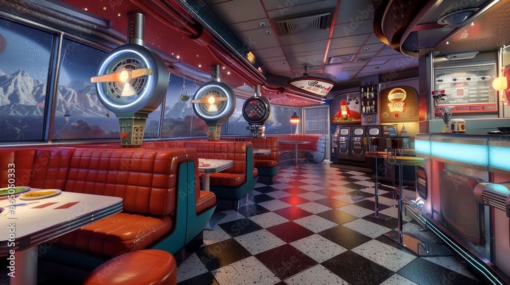 A retro space diner guest room with space-themed diner decor, retro booths, rocket ship jukebox, and futuristic comfort food menu for a retro-futuristic space dining experience. A retro space diner guest room with space-themed diner decor, retro booths, rocket ship jukebox, and futuristic comfort food menu for a retro-futuristic space dining experience.