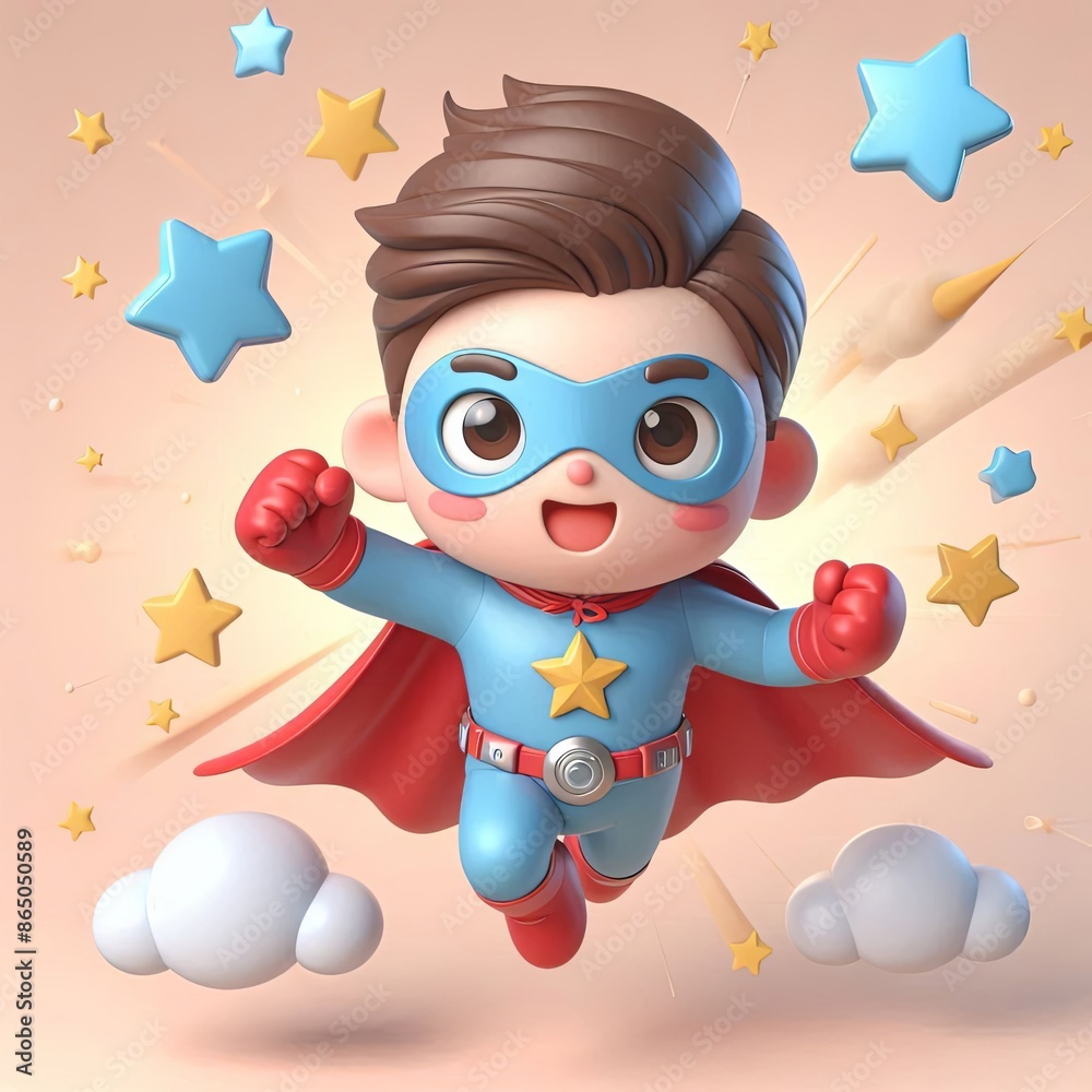 Fototapeta premium cute man super hero with star emblem flying cartoon,3d Generative AI