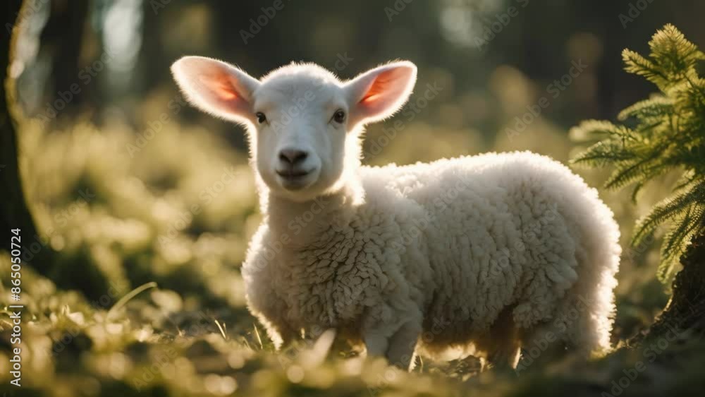 A young lamb in a sunlit forest clearing, looking towards the camera with a backdrop of blurred trees and green vegetation