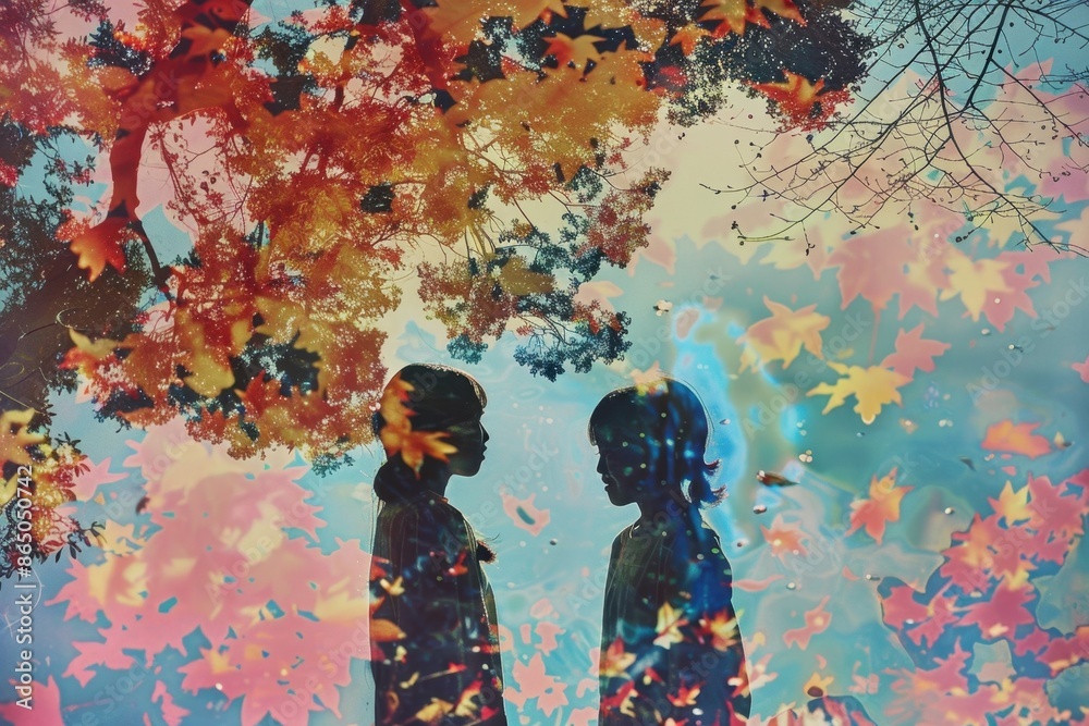 Fototapeta premium Craft a close-up birds-eye view of two girls in a park setting Emphasize rich