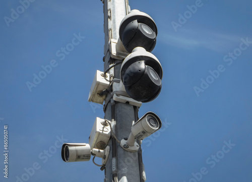 Close-up Of Security Cameras On The Street. Control and monitoring system. Metal Pole. Ust-Kamenogorsk (kazakhstan)