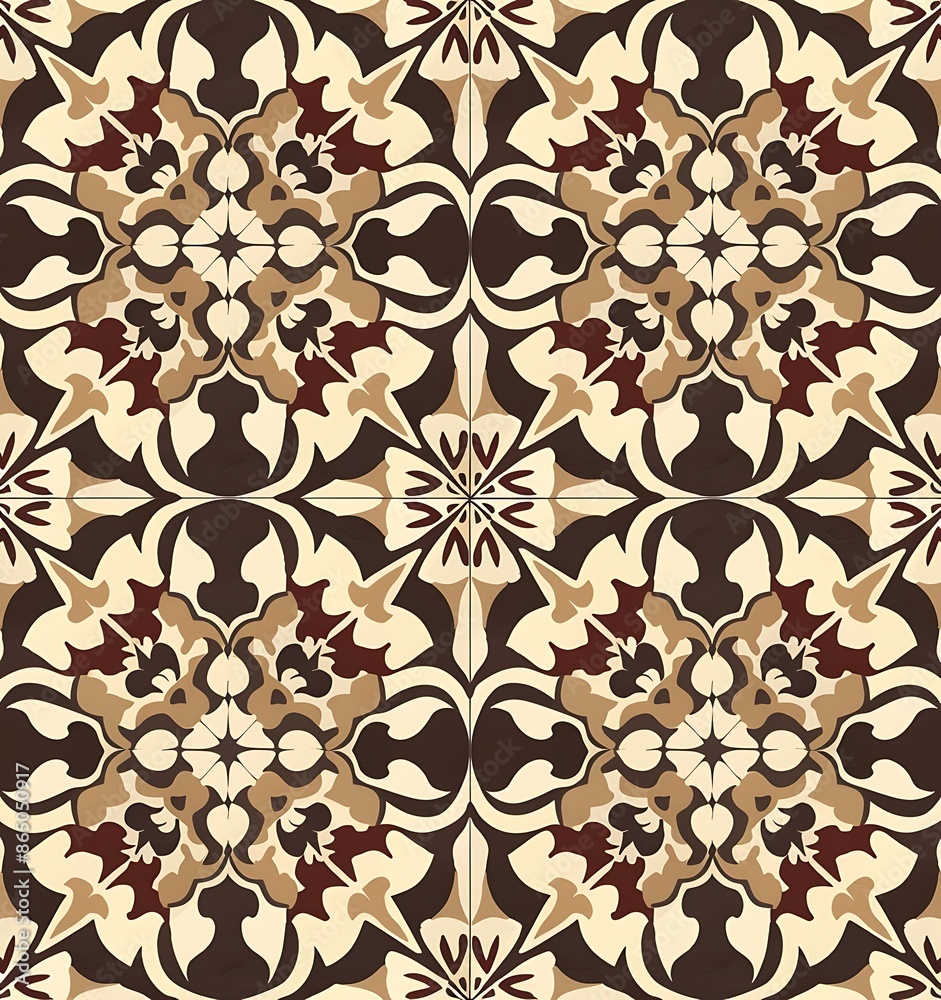 repeating tile pattern of medieval art nouveau style tiles with brown and beige colors, simple shapes, straight lines, geometrical shape repeating tile pattern of medieval art nouveau style tiles with brown and beige colors, simple shapes, straight lines, geometrical shape