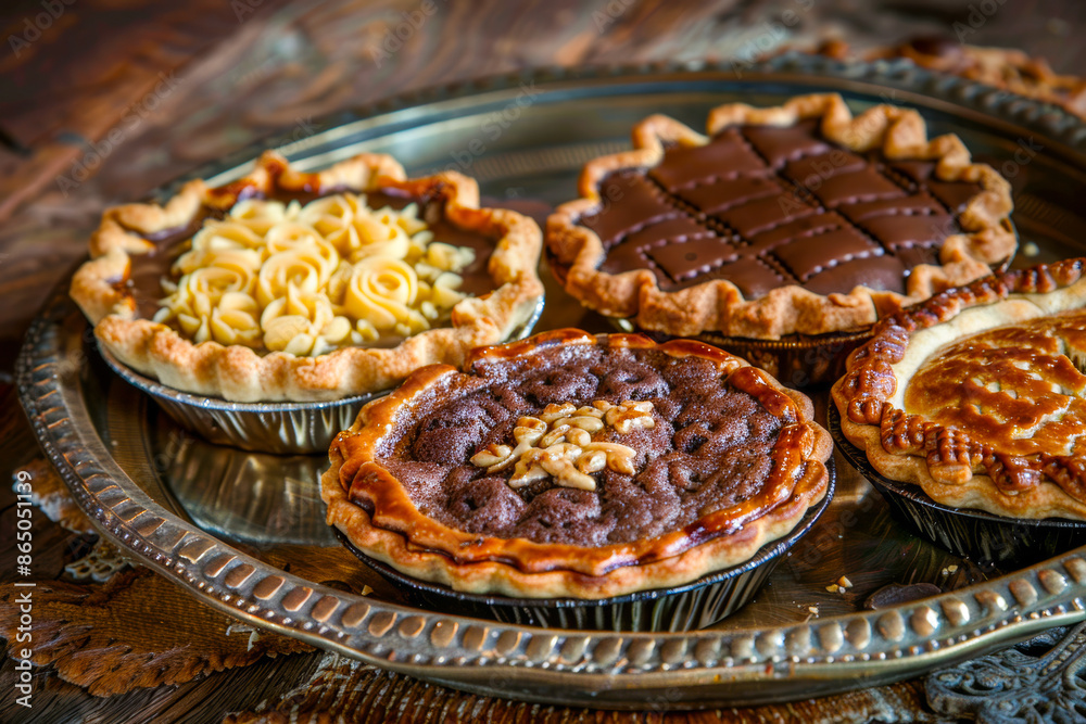 Assorted Mini Pies on a Silver Tray featuring Chocolate and Floral Decorated Pies Assorted Mini Pies on a Silver Tray featuring Chocolate and Floral Decorated Pies