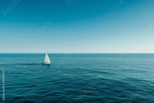 A sailboat sails across the open ocean, A tranquil scene of a lone sailboat drifting across the vast expanse of the ocean
