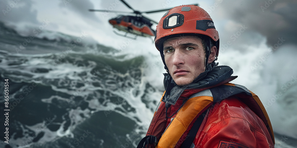 A Coast Guard rescue worker landed a helicopter on a ship at sea in a daring rescue mission. Coast guard, helicopter, rescue mission concept A Coast Guard rescue worker landed a helicopter on a ship at sea in a daring rescue mission. Coast guard, helicopter, rescue mission concept