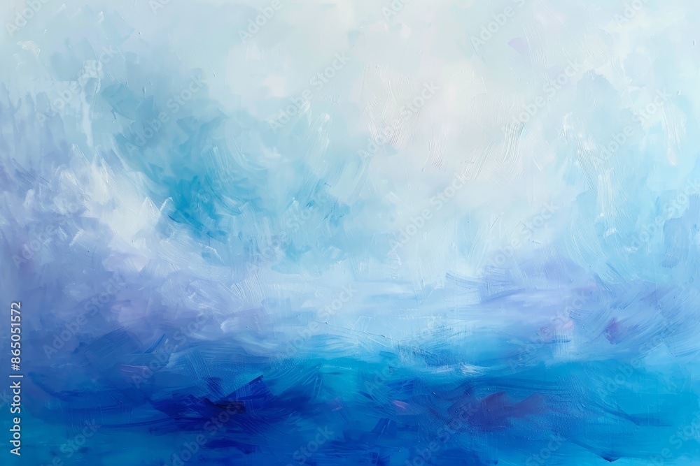 A painting showcasing a serene blue ocean under a sky filled with white fluffy clouds, A tranquil sea of light blue with hints of lavender undertones A painting showcasing a serene blue ocean under a sky filled with white fluffy clouds, A tranquil sea of light blue with hints of lavender undertones