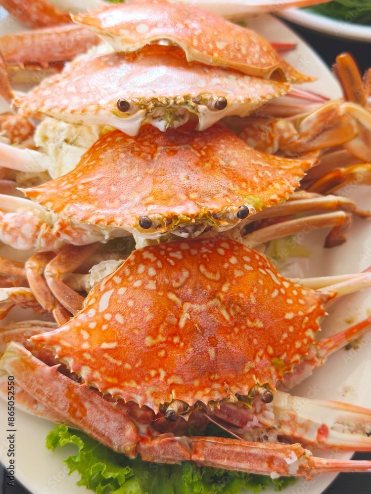 Close up steamed crabs on plate. Close up steamed crabs on plate.