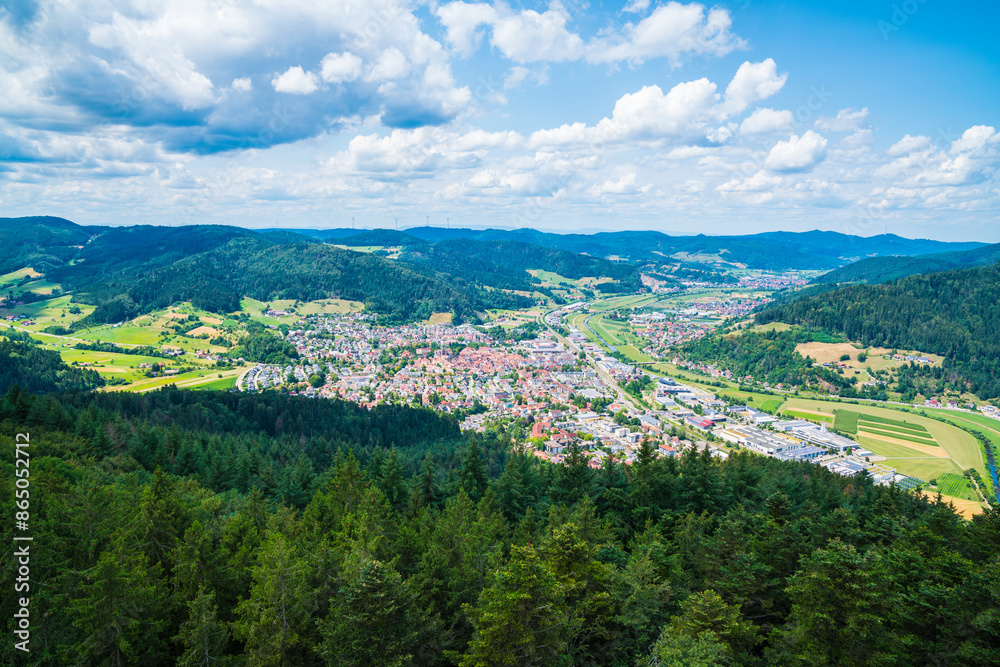 Germany, Aerial panorama nature landscape view above schwarzwald city haslach im kinzigtal, above tree tops of black forest scenery