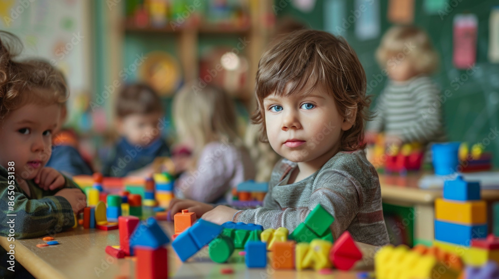 Kids play with toys sit on table in school. Early education. Montessori learning tools for children Kids play with toys sit on table in school. Early education. Montessori learning tools for children