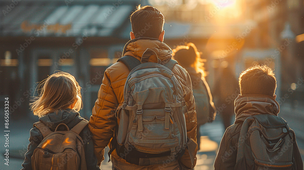 Fototapeta premium A tense morning scene: parents and children rush to the school entrance