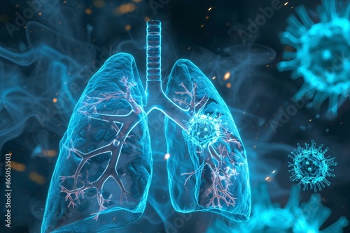 a blue glowing lungs with a virus in the background photo