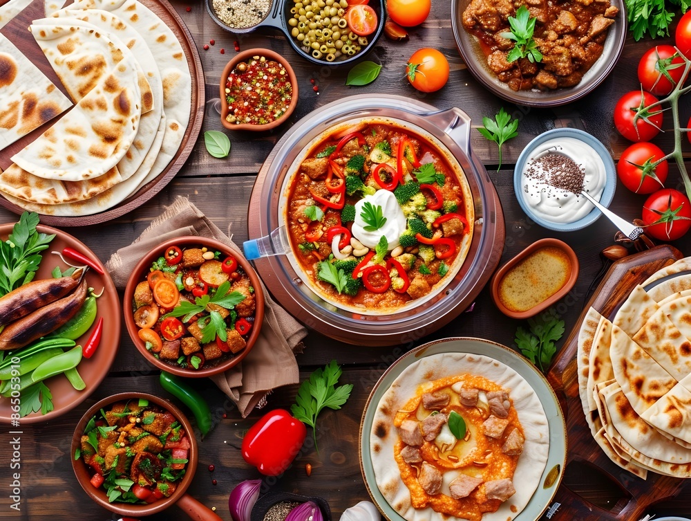 Lavash and various Middle Eastern dishes on wooden table with fresh ingredients Lavash and various Middle Eastern dishes on wooden table with fresh ingredients