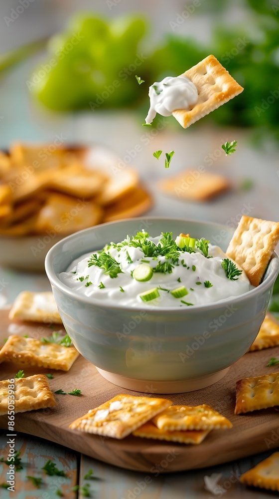 Creamy Dip with Fresh Crackers Served on Rustic Wooden Board Creamy Dip with Fresh Crackers Served on Rustic Wooden Board