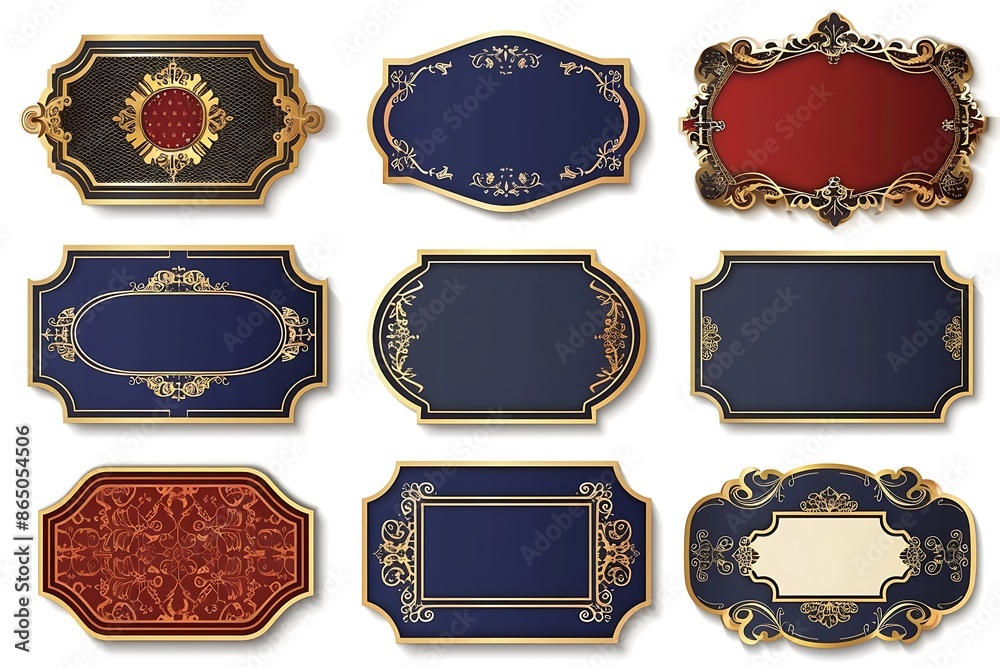 set of blank labels in vector style with gold border and antique dark blue, burgundy red colors on white background set of blank labels in vector style with gold border and antique dark blue, burgundy red colors on white background