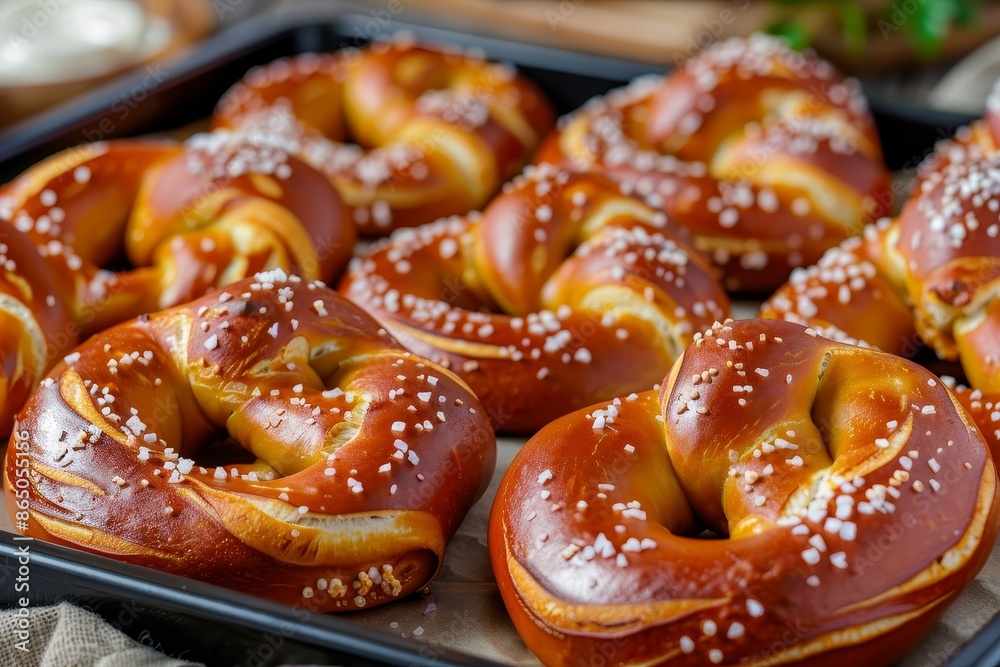 Tray filled with freshly baked soft pretzels covered in sesame seeds, A tray of freshly baked soft pretzels sprinkled with coarse salt and served with warm cheese sauce Tray filled with freshly baked soft pretzels covered in sesame seeds, A tray of freshly baked soft pretzels sprinkled with coarse salt and served with warm cheese sauce