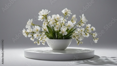 A white vase with flowers in it sits on a white pedestal