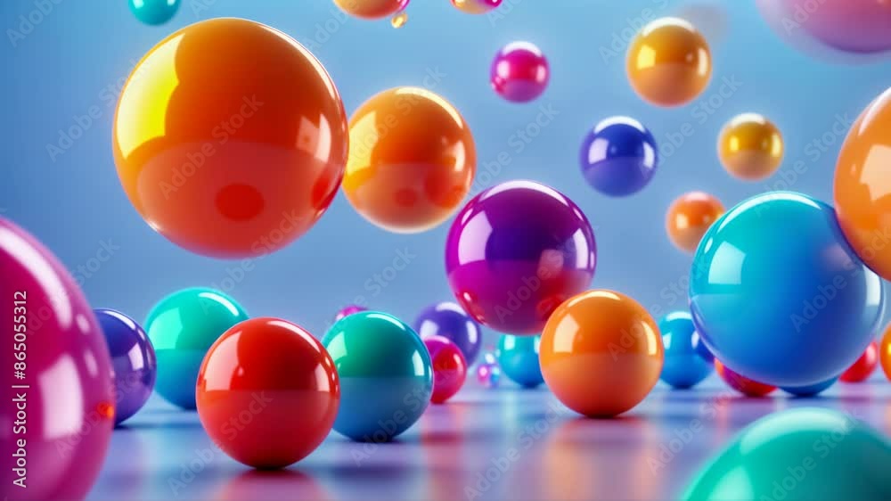 Colorful Balls Bouncing on Blue Background. 3D Animation of Playful Spheres in Motion. Fun, Energy, Joy Concept. Colorful Balls Bouncing on Blue Background. 3D Animation of Playful Spheres in Motion. Fun, Energy, Joy Concept.