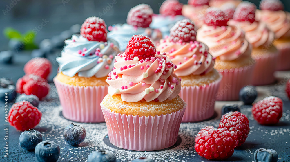 Delicious pink cupcakes decorated with raspberries and sprinkles Delicious pink cupcakes decorated with raspberries and sprinkles