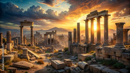 Abandoned ancient cityscape depicted in warm evening light with crumbling stones, toppled pillars, and eerie, desolate atmosphere, devoid of life.
