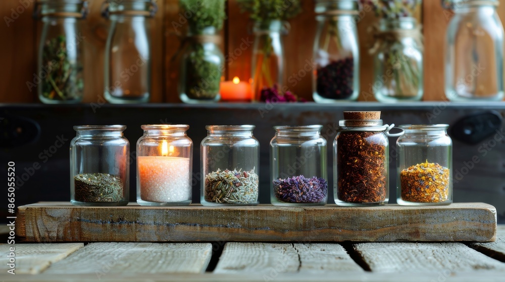 flat lay composition of DIY herbal tea blends--dried herbs, tea infusers, and glass jars--arranged flat lay composition of DIY herbal tea blends--dried herbs, tea infusers, and glass jars--arranged