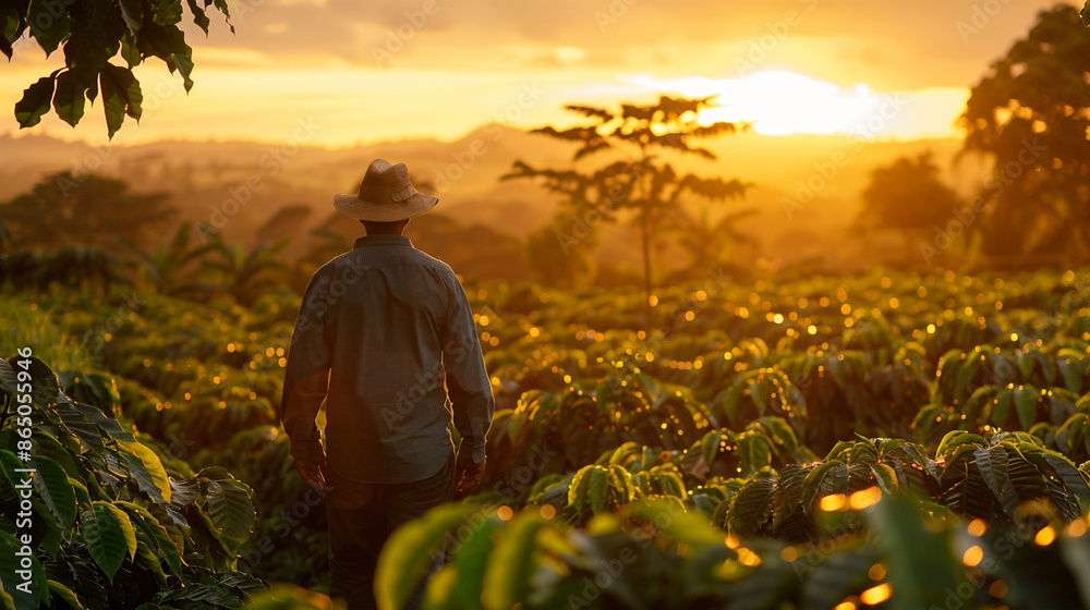 Fototapeta premium Man wearing hat walking through a coffee field at sunrise